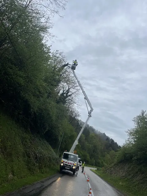 Le camion-nacelle au travail le long d'un talus boisé.