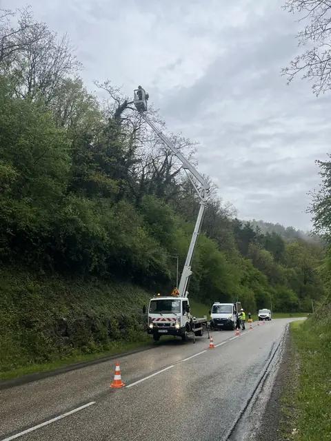 La nacelle déployée vers les arbres du talus, au bord de la route.