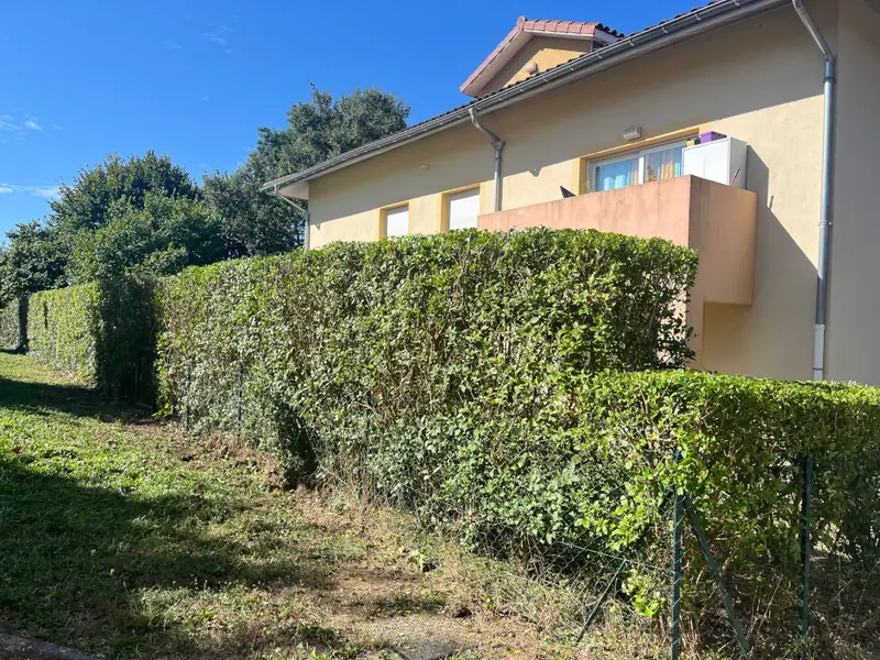 Après : Les mêmes haies, taillées, devant la maison.