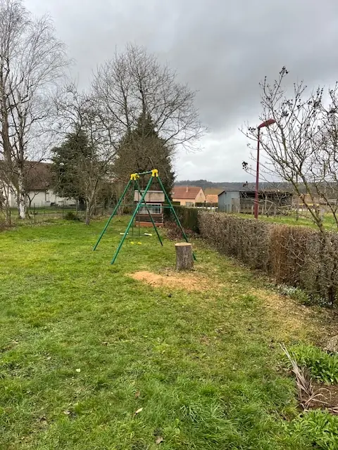 Après : L'arbre abattu, sa souche coupée au ras de la pelouse.