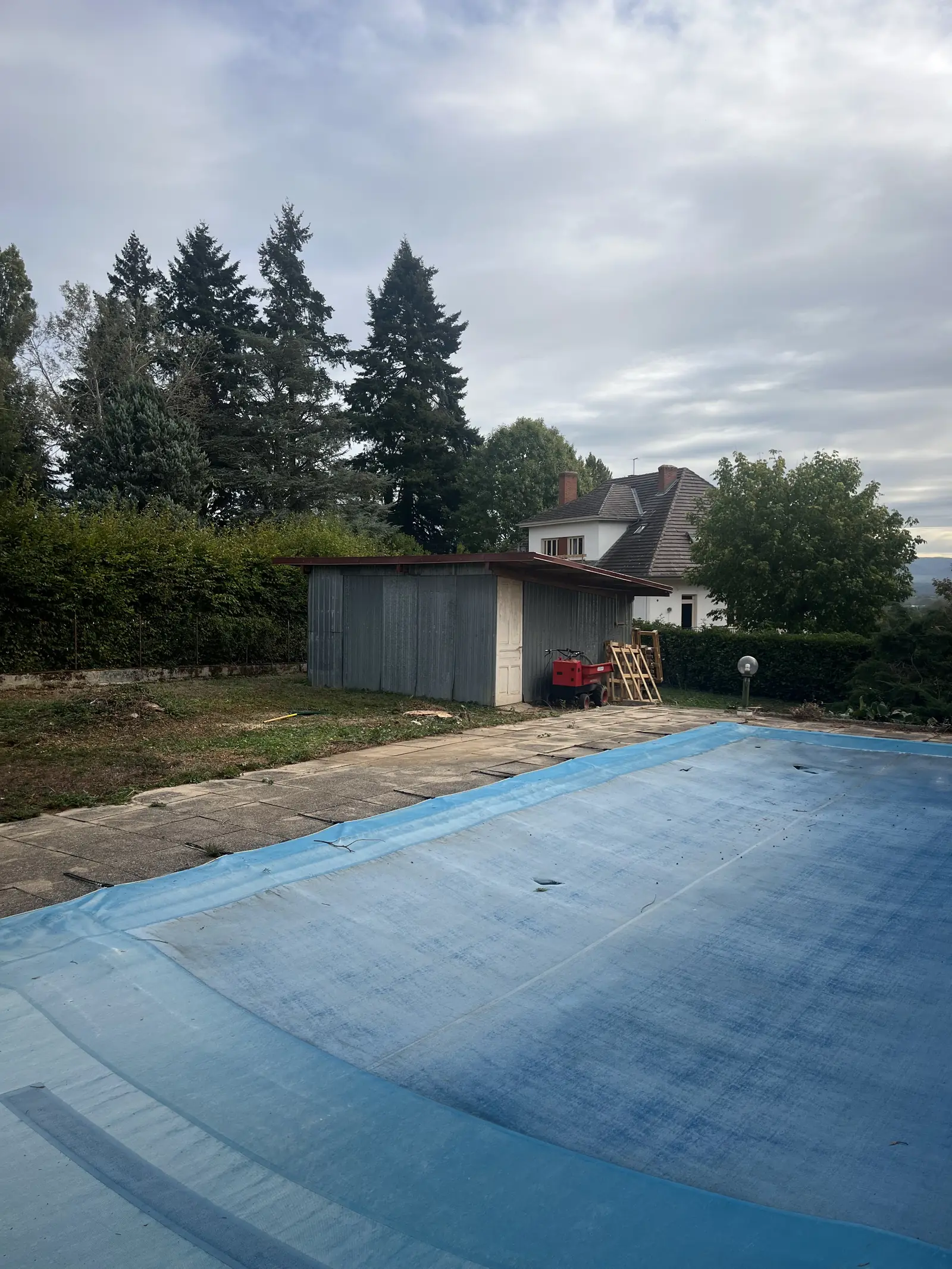 Une piscine couverte de sa bâche bleue, un abri de jardin, une haie et de grands conifères, sous un ciel gris.